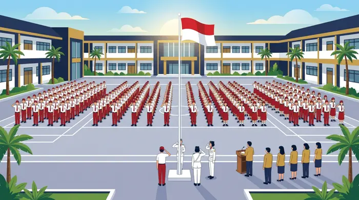 Upacara bendera hari Senin bersama seluruh siswa.